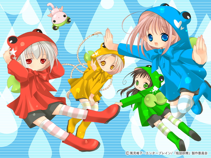 00s, 4girls, animal_costume, binzume_yousei, black_hair, blue_eyes, blue_raincoat, boots