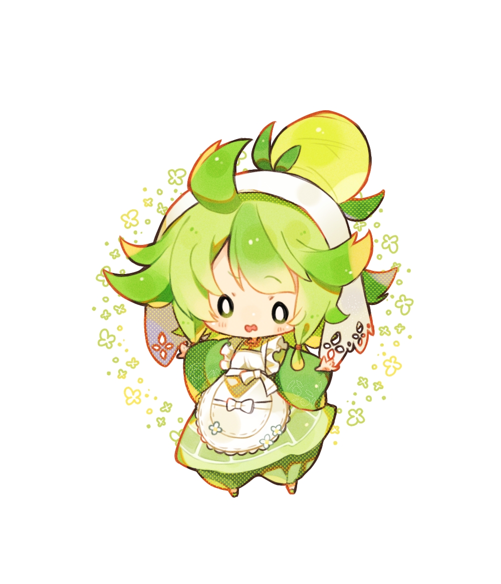 1girl, ahoge, apron, ashira_(siphaca), blush, chibi, dress, green_dress