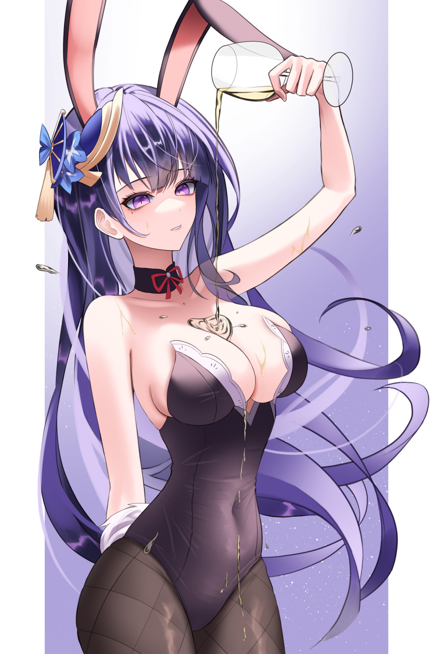 1girl, absurdres, animal_ears, arm_behind_back, bare_arms, black_choker, black_leotard, breasts