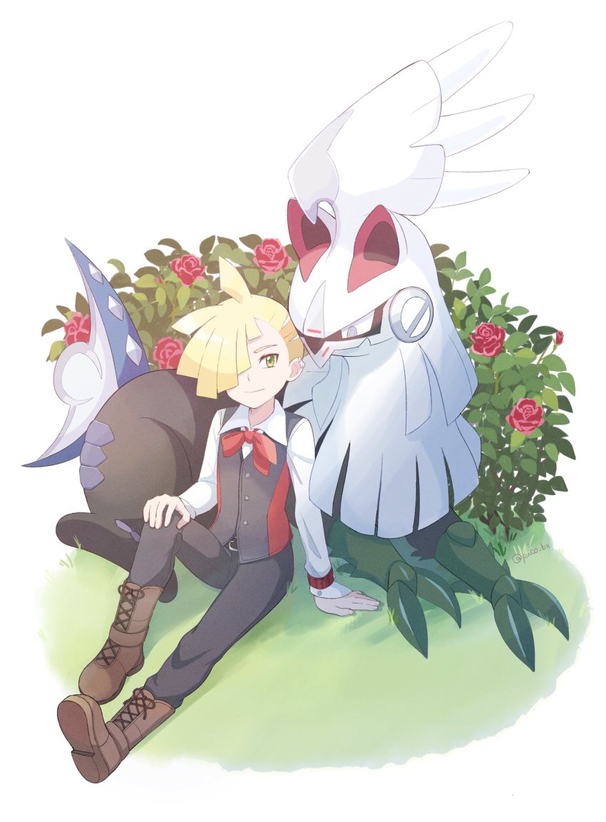 1boy, ahoge, arm_support, blonde_hair, boots, brown_footwear, buttons, closed_mouth