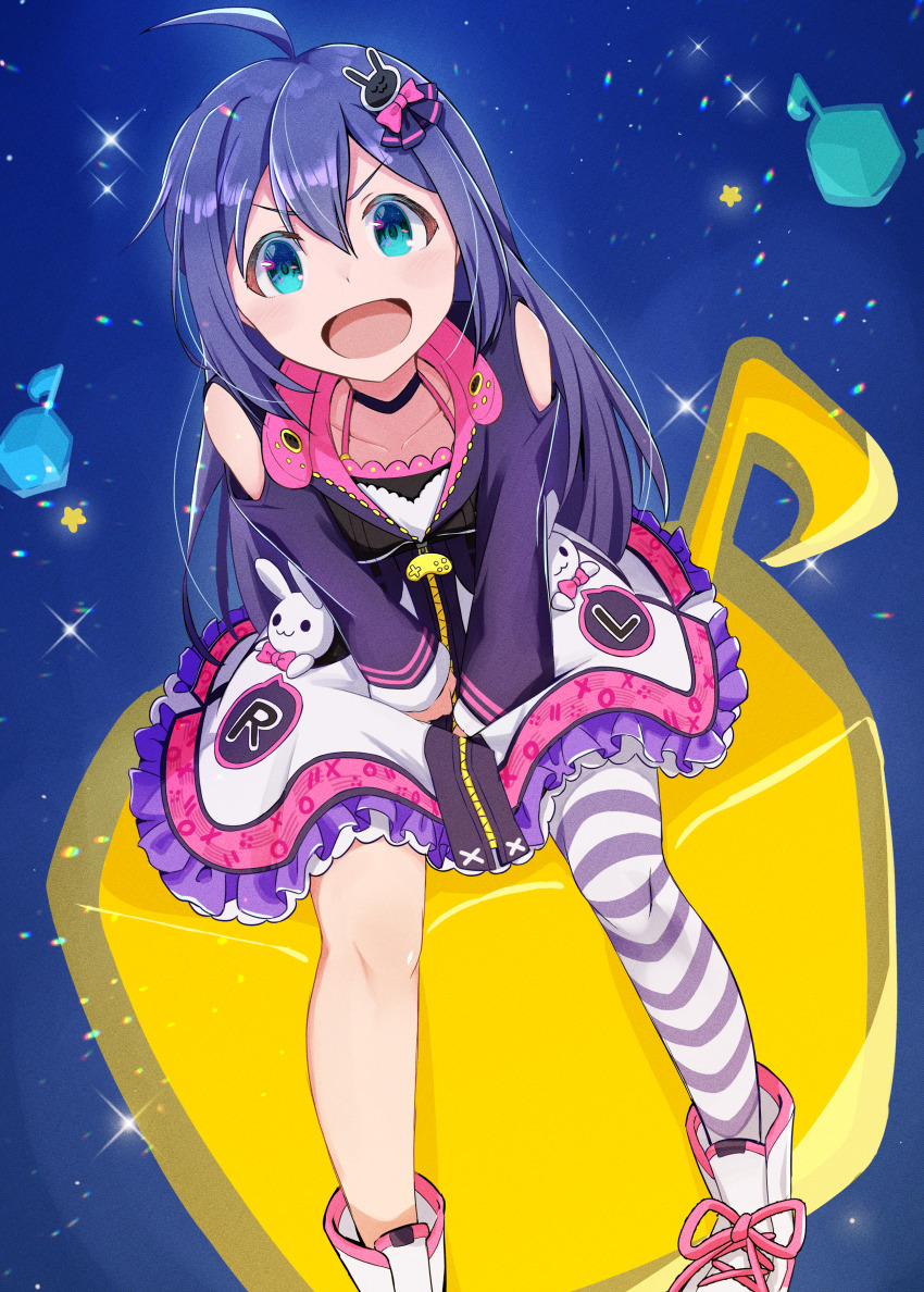 1girl, absurdres, ahoge, aqua_eyes, boots, frilled_skirt, frills, hair_between_eyes, hair_ornament, highres, idolmaster, idolmaster_million_live!, idolmaster_poplinks, ikisiki, long_hair, looking_at_viewer, mochizuki_anna, open_mouth, purple_hair, rabbit_hair_ornament, single_thighhigh, sitting, skirt, solo, striped_clothes, striped_thighhighs, thighhighs