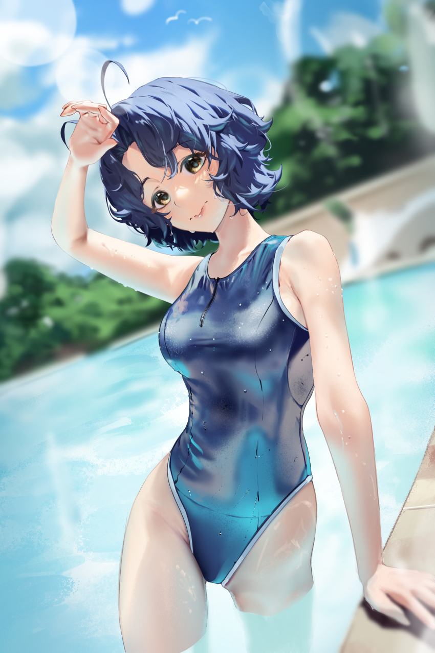 1girl, absurdres, antenna_hair, blue_hair, blue_one-piece_swimsuit, blue_sky, blurry, blurry_background