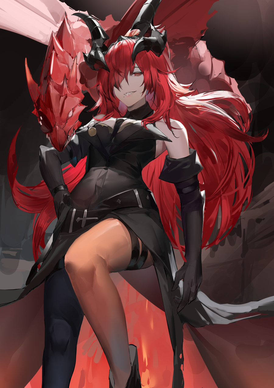 1girl, alchemy_stars, animal, animal_on_shoulder, arm_at_side, bare_shoulders, black_dress, black_gloves, blazpu, breasts, brown_pantyhose, collared_dress, dragon, dress, elbow_gloves, eyepatch, gloves, hair_over_one_eye, hand_on_own_hip, highres, horns, leona_(alchemy_stars), lips, long_hair, looking_at_viewer, medium_breasts, mole, mole_under_mouth, pantyhose, red_hair, sharp_teeth, sleeveless, sleeveless_dress, smile, solo, sunstone_(alchemy_stars), teeth, thigh_strap