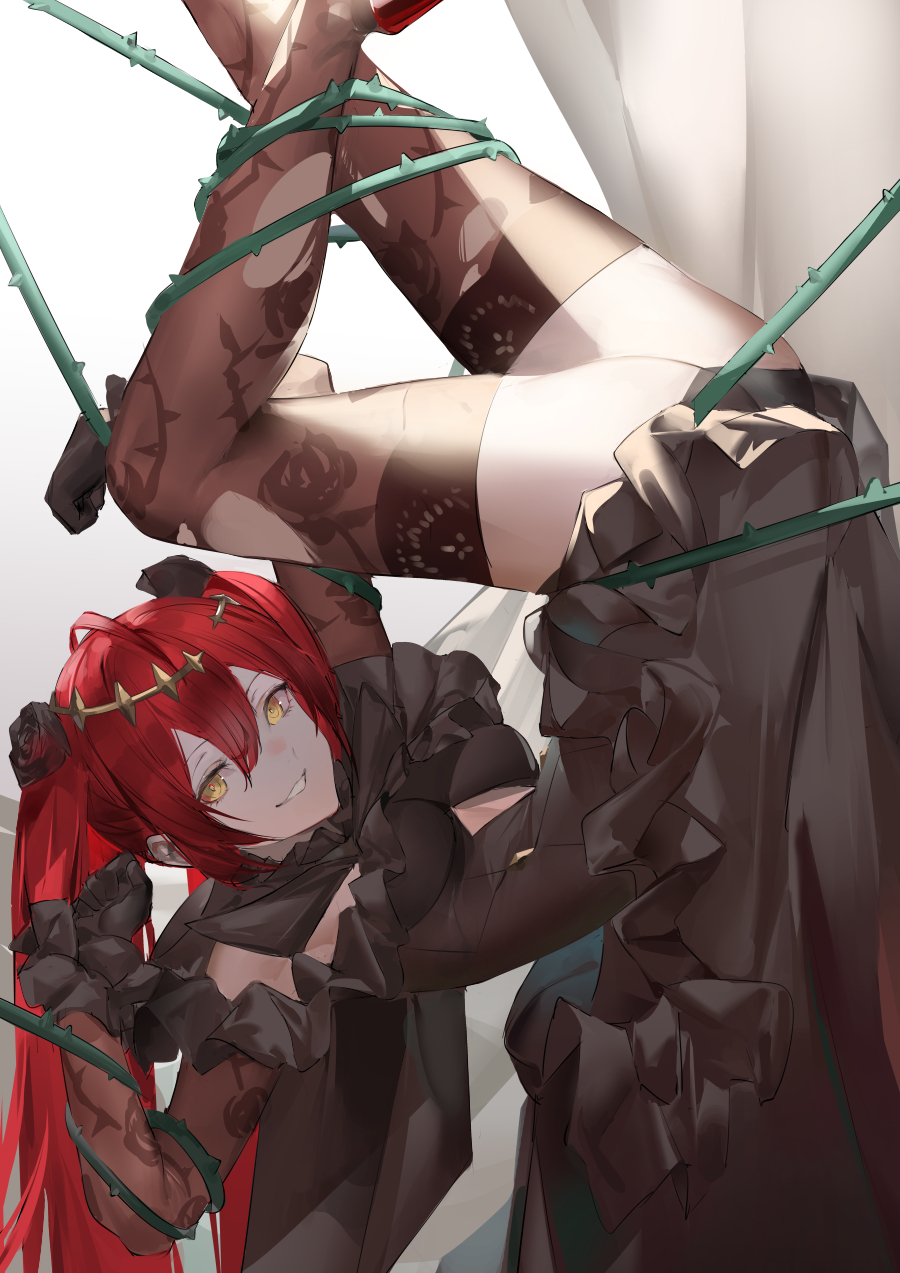 1girl, ahoge, alchemy_stars, black_dress, black_flower, black_gloves, black_rose, black_thighhighs