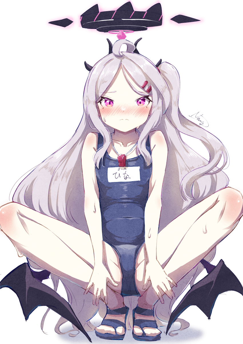 1girl, absurdres, ahoge, blue_archive, blush, collarbone, commentary_request, demon_girl