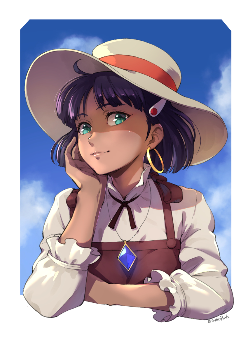 1girl, absurdres, adjusting_hair, ahoge, arm_under_breasts, artist_name, black_ribbon, blouse, blunt_bangs, bob_cut, breasts, brown_dress, brown_hat, closed_mouth, cloud, commentary, dark-skinned_female, dark_skin, dress, fushigi_no_umi_no_nadia, gem, green_eyes, hair_ornament, hair_strand, hairclip, hat, highres, hoopoe, jewelry, light_smile, long_sleeves, looking_at_viewer, nadia_la_arwall, neck_ribbon, necklace, outside_border, pendant, pinafore_dress, portrait, purple_hair, ribbon, shaded_face, shirt, short_hair, sky, sleeveless, sleeveless_dress, small_breasts, solo, sun_hat, toshi_punk, twitter_username, upper_body, white_dress, white_shirt