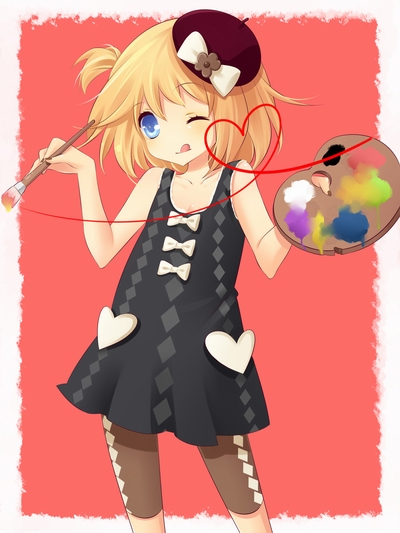 :q, ;q, art_brush, bad_id, bad_pixiv_id, beret, blonde_hair, bow