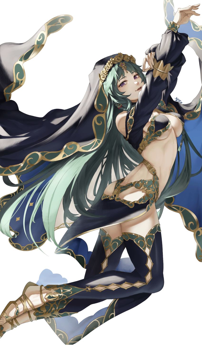 1girl, absurdres, air_(ai_r_), arabian_clothes, braid, breasts, butt_crack, fate/grand_order, fate_(series), gold, green_hair, harem_outfit, highres, long_hair, looking_at_viewer, low_twin_braids, medium_breasts, mole, mole_on_breast, parted_bangs, purple_eyes, salome_(fate), salome_(third_ascension)_(fate), smile, solo, twin_braids, veil