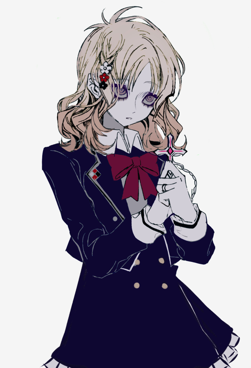 1girl, bad_id, bad_pixiv_id, bags_under_eyes, blazer, blonde_hair, button_up_skirt, cross