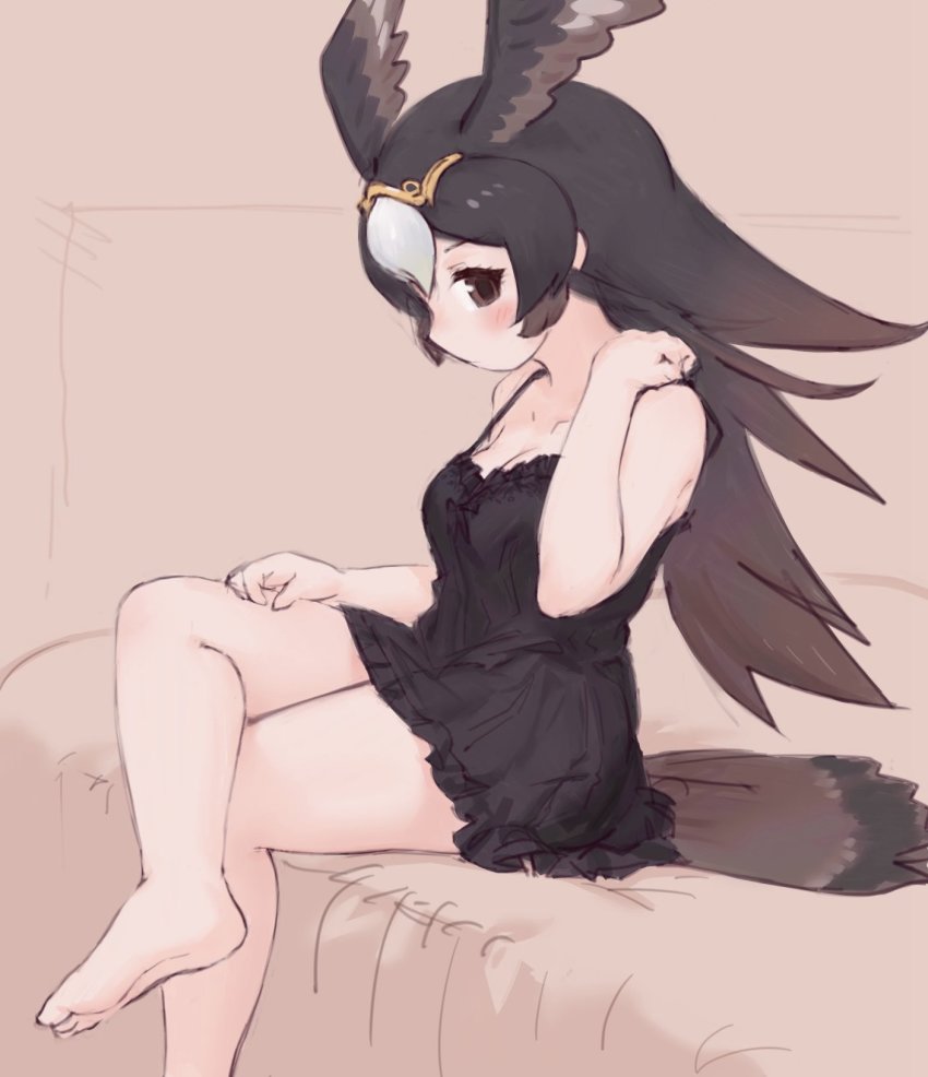 1girl, alternate_costume, bare_legs, bare_shoulders, barefoot, bed, bird_girl, bird_tail