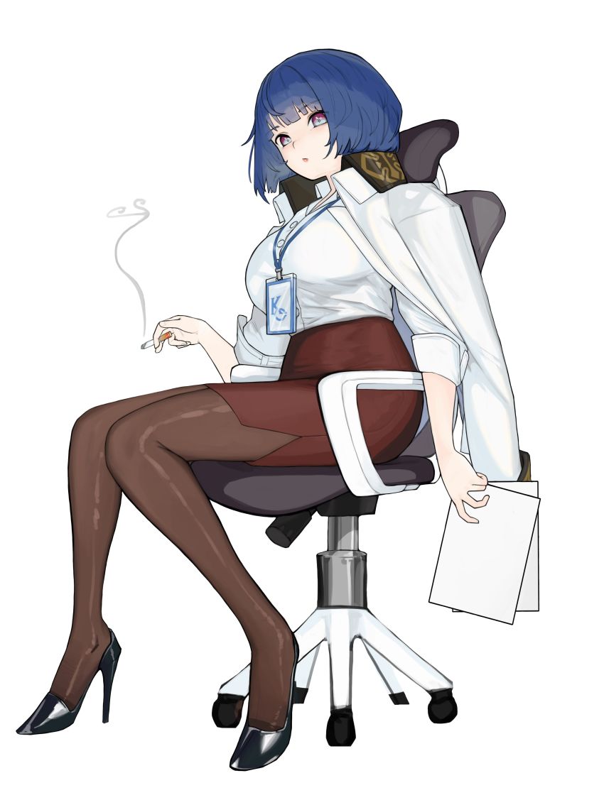 1girl, absurdres, blue_eyes, blue_hair, bob_cut, breasts, brown_pantyhose, chair, cigarette, dress_shirt, full_body, high-waist_skirt, high_heels, highres, holding, holding_cigarette, indie_virtual_youtuber, iwa_ego, jacket, jacket_on_shoulders, large_breasts, looking_at_viewer, name_tag, office_chair, office_lady, pantyhose, pencil_skirt, shirt, short_hair, simple_background, sitting, skirt, sleeves_rolled_up, solo, swivel_chair, tak376, virtual_youtuber, white_background