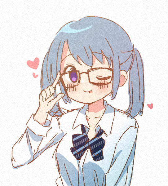 1girl, ;p, adjusting_eyewear, arm_at_side, bespectacled, blue_bow, blue_bowtie, blue_hair