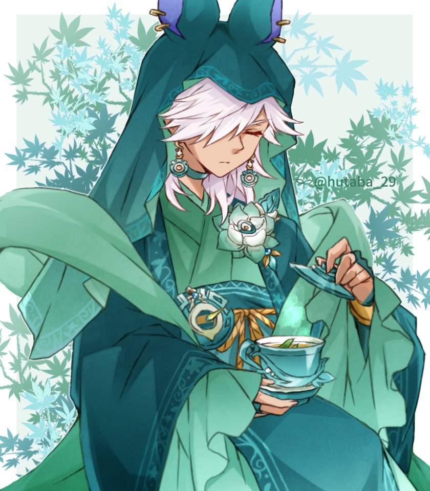 1boy, alternate_costume, animal_ears, animal_hat, aqua_choker, aqua_dress, aqua_flower, artifact_(genshin_impact)