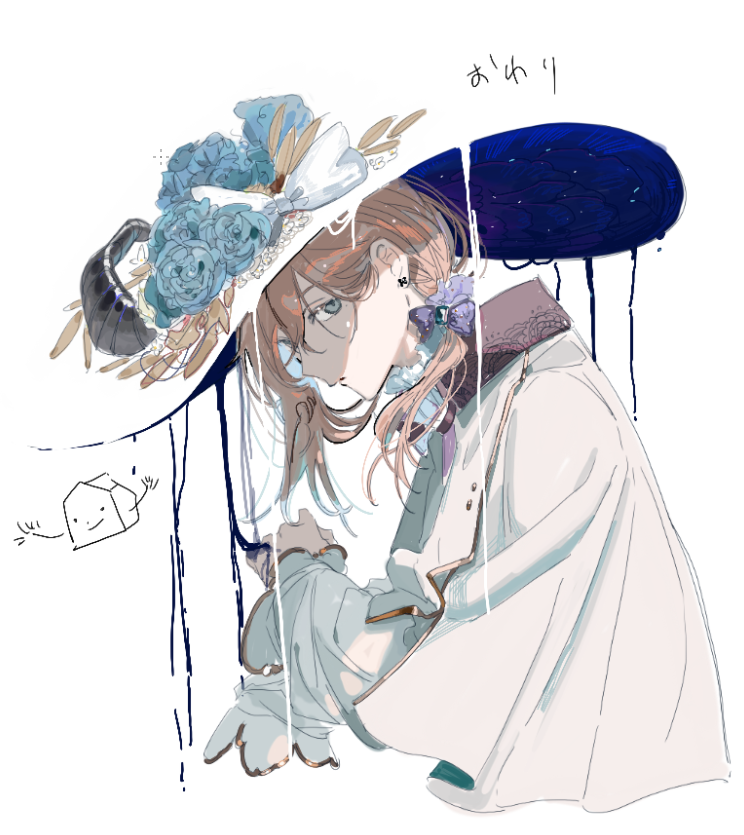 1boy, blending, blue_bow, blue_flower, bow, brown_hair, cape, collared_cape