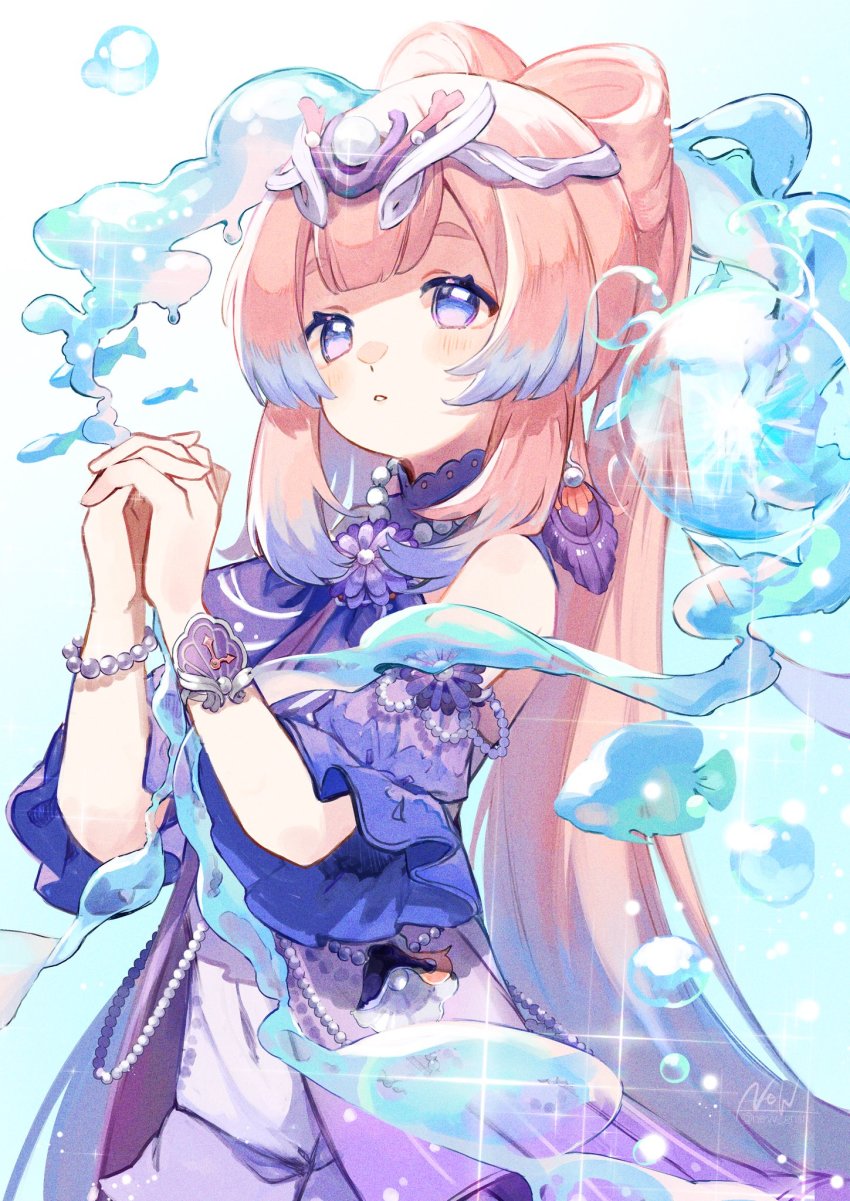 1girl, artifact_(genshin_impact), blue_dress, blue_eyes, blue_flower, blue_hair, bracelet, bubble, colored_tips, commentary, detached_sleeves, dress, earrings, feather_earrings, feathers, flower, genshin_impact, hagoromo, highres, jewelry, long_hair, looking_at_viewer, multicolored_hair, necklace, new_(new_gnsn), own_hands_together, parted_lips, pearl_bracelet, pearl_necklace, pink_hair, sangonomiya_kokomi, shawl, shell, solo, tiara, very_long_hair, watch, water, wristwatch