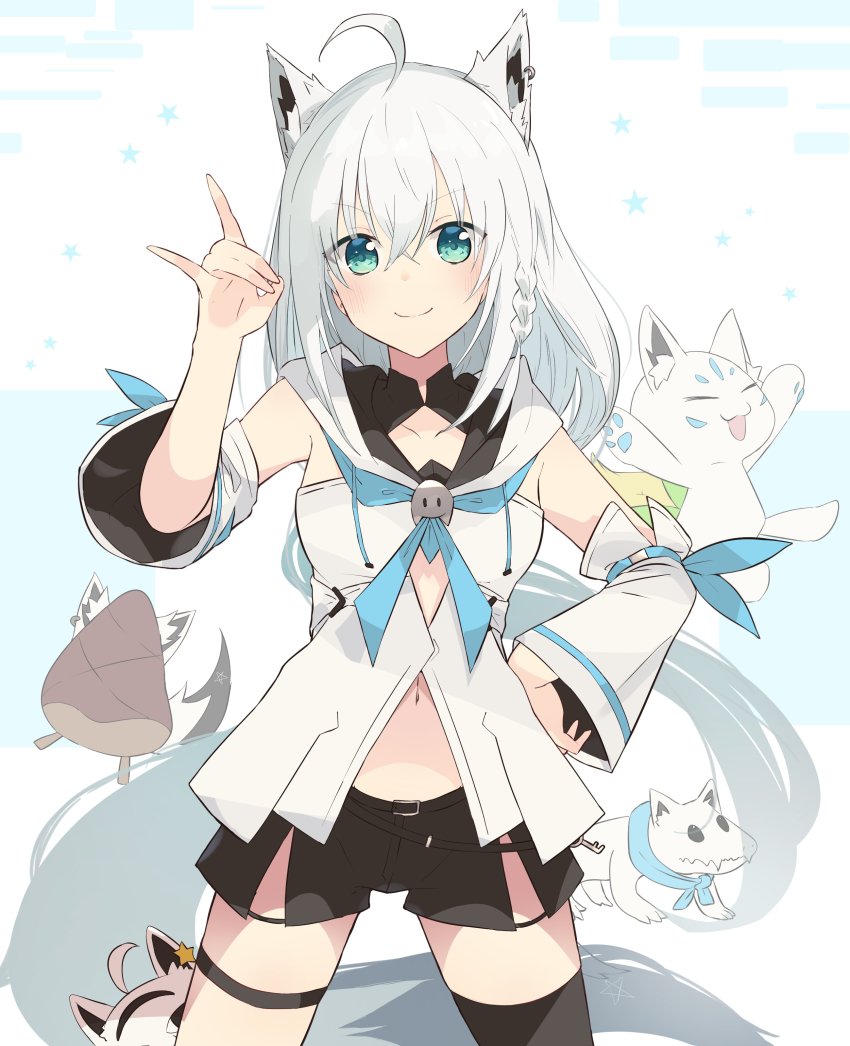 1girl, absurdres, ahoge, animal_ears, aqua_eyes, black_shorts, blue_neckerchief, detached_sleeves