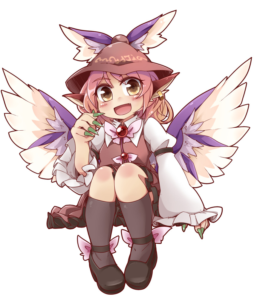 1girl, animal_ears, bird_ears, bird_wings, black_shoes, black_socks, blush, brown_dress