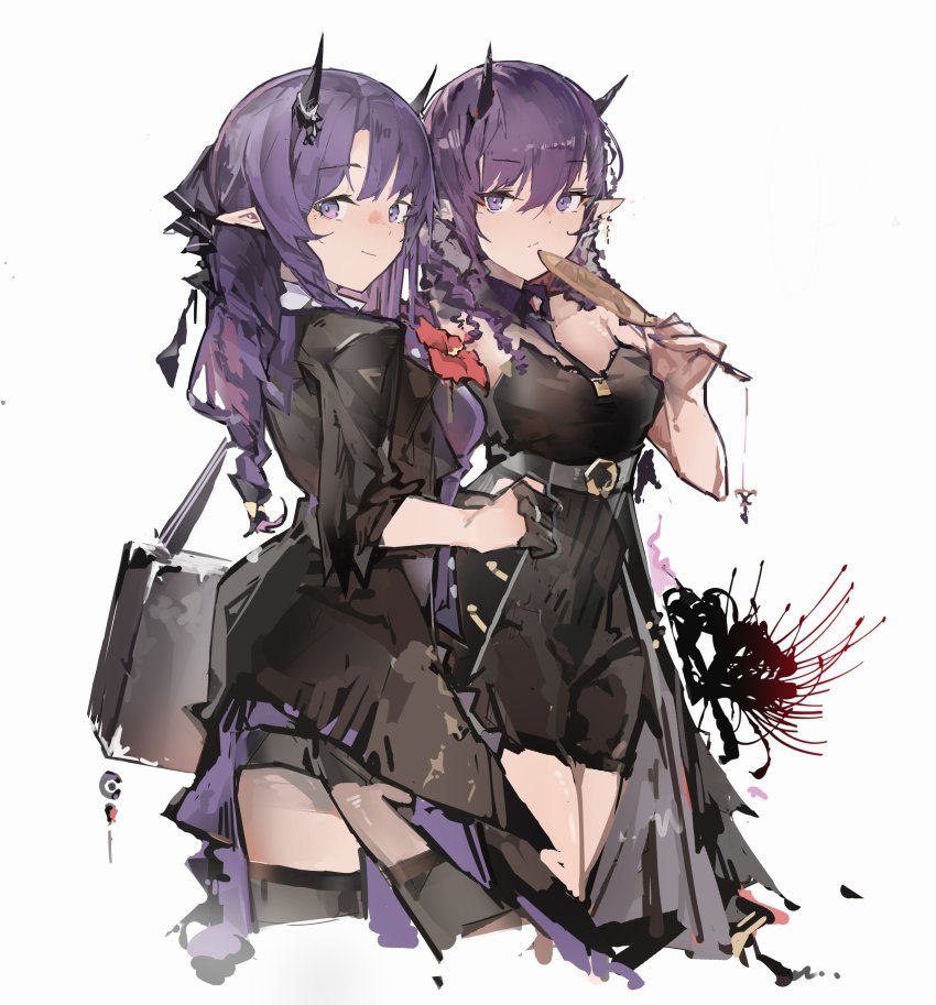 2girls, absurdres, arknights, bag, bare_shoulders, black_dress, black_legwear, black_necktie, breasts, cleavage, closed_mouth, cropped_legs, detached_collar, dress, flower, hand_fan, hibiscus, hibiscus_(arknights), hibiscus_the_purifier_(arknights), highres, holding, holding_fan, horns, jumbowhopper, lava_(arknights), lava_the_purgatory_(arknights), lava_the_purgatory_(dusk_wisteria)_(arknights), long_hair, looking_at_viewer, medium_breasts, multiple_girls, name_connection, necktie, object_namesake, off-shoulder_dress, off_shoulder, paper_fan, pointy_ears, purple_eyes, purple_hair, red_flower, shoulder_bag, siblings, sidelocks, simple_background, sisters, smile, spider_lily, thighhighs, tuanshan, twins, uchiwa, underbust, white_background