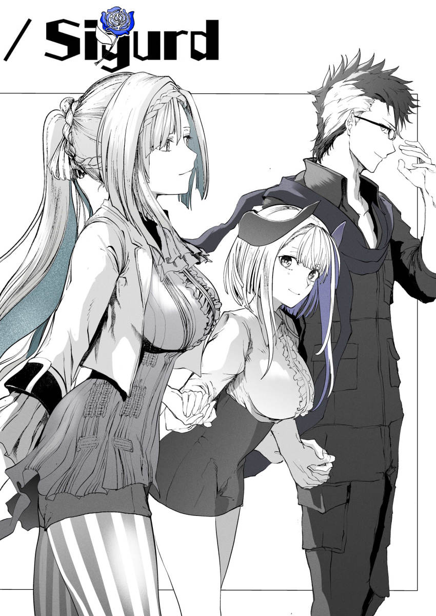 1girl, 2girls, aslaug_(fate), boy_and_girl_sandwich, braid, breasts, brynhild_(fate), brynhild_(traveling_outfit)_(fate)