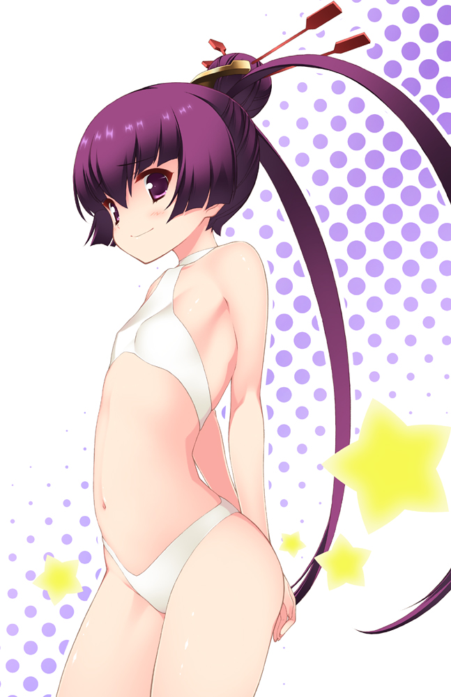 1girl, ar_tonelico, ar_tonelico_iii, female_focus, finnel_(ar_tonelico), flat_chest, gust, hair_ornament, hyouju_issei, lingerie, long_hair, navel, purple_hair, solo, tsukiyo-b, twintails, underwear