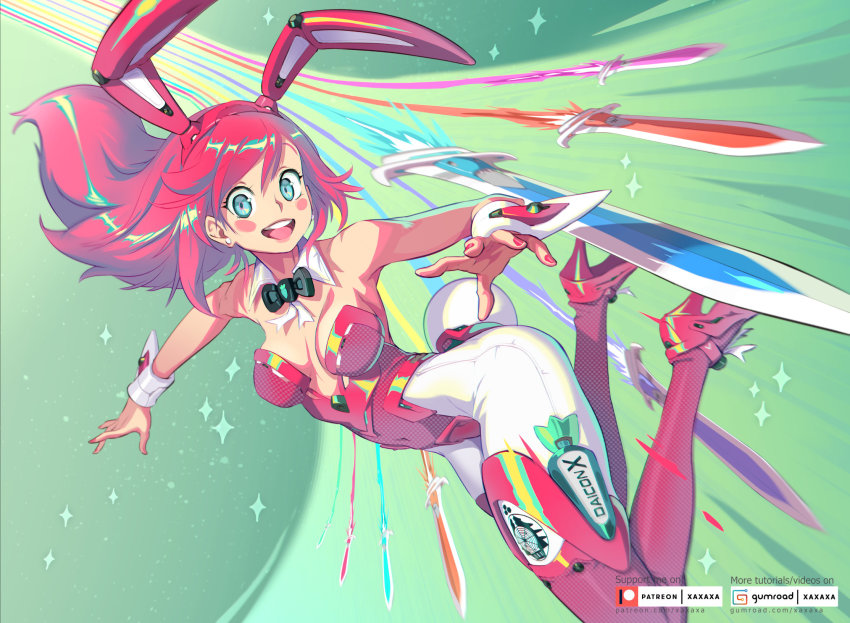 1girl, animal_ears, bare_shoulders, black_bow, black_bowtie, blue_eyes, blush_stickers, boots, bow, bowtie, breasts, commentary, cosplay, daicon, daicon_bunny_girl, daicon_bunny_girl_(cosplay), daicon_iv, detached_collar, earrings, english_commentary, fake_animal_ears, fake_tail, fingernails, floating_object, floating_sword, floating_weapon, full_body, high_heel_boots, high_heels, highleg, highleg_leotard, highres, jewelry, leotard, long_hair, long_legs, looking_at_viewer, medium_breasts, motion_blur, multiple_swords, multiple_weapons, nail_polish, pantyhose, pink_hair, pink_nails, playboy_bunny, rabbit_ears, rabbit_tail, red_leotard, science_fiction, seamed_legwear, solo, strapless, strapless_leotard, stud_earrings, surfing, sword, sword_surfing, tail, teeth, thigh_boots, traditional_bowtie, upper_teeth_only, weapon, white_pantyhose, wrist_cuffs, xaxaxa