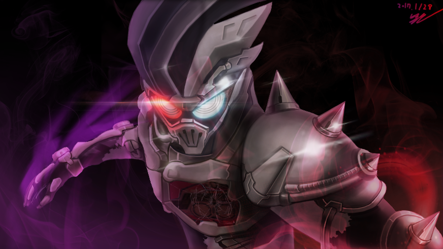 armor, black_bodysuit, black_gloves, blue_eyes, bodysuit, broken_glass, commentary, dangerous_zombie_level_x