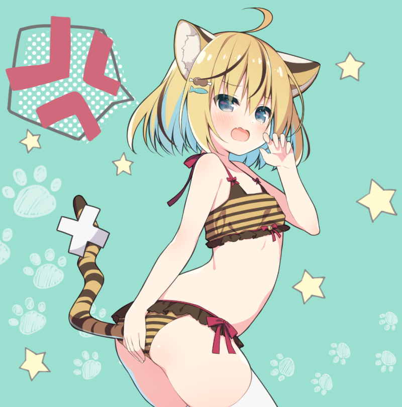 1girl, ahoge, anger_vein, animal_ear_fluff, animal_ears, bare_arms, bare_shoulders, bikini, black_hair, blonde_hair, blue_background, blue_eyes, blue_hair, blush, claw_pose, commentary_request, fang, fish_hair_ornament, frilled_bikini, frills, hair_between_eyes, hair_ornament, hanamiya_natsuka, hand_up, meat_hair_ornament, multicolored_hair, open_mouth, original, paw_print, paw_print_background, solo, spoken_anger_vein, star_(symbol), star_symbol_background, streaked_hair, striped_bikini, striped_clothes, swimsuit, tail, thighhighs, tiger_ears, tiger_girl, tiger_tail, twisted_torso, white_thighhighs