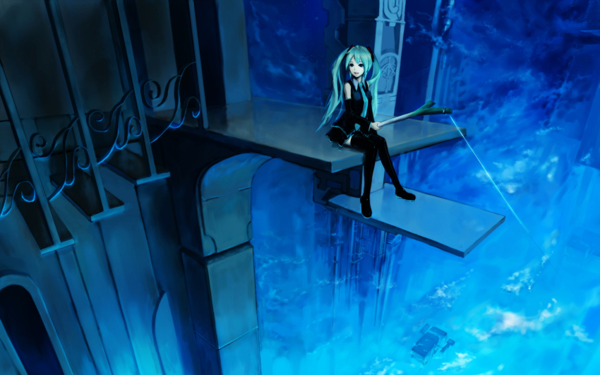 1girl, absurdres, aqua_eyes, aqua_hair, blue_theme, detached_sleeves, female_focus, fishing