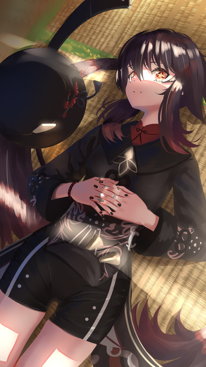 1girl, absurdres, black_nails, brown_hair, coat, flat_chest, flower, genshin_impact, gradient_hair, hat, highres, hu_tao_(genshin_impact), jewelry, multicolored_hair, nail_polish, own_hands_together, ring, solo, star-shaped_pupils, star_(symbol), symbol-shaped_pupils, yamaharu_(xxzf7284)