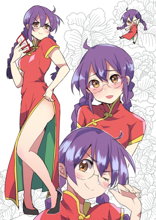 1girl, :3, braid, brown_eyes, card, chibi, china_dress, chinese_clothes, commentary_request, dress, multiple_expressions, freckles, full_body, fuurin_kingyou, glasses, long_hair, looking_at_viewer, multiple_views, one_eye_closed, purple_hair, red_dress, ri_kouran, sakura_taisen, side_slit, standing, twin_braids, upper_body