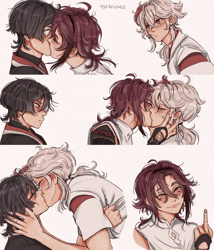 3boys, armor, black_hair, blue_eyes, blush, brown_hair, elite_throuple_kiss_(meme), eyeliner, facing_viewer, fishnets, french_kiss, genshin_impact, hand_on_another's_cheek, hand_on_another's_face, highres, japanese_armor, jewelry, kaedehara_kazuha, kiss, kote, kurokote, long_hair, looking_at_another, looking_at_viewer, low_ponytail, makeup, meme, middle_finger, mole, mole_under_eye, multicolored_hair, multiple_boys, parody, polygamy, ponytail, red_eyeliner, red_eyes, red_hair, ring, scaramouche_(genshin_impact), shikanoin_heizou, short_hair, short_sleeves, smile, smug, streaked_hair, white_hair, yaoi, yonumo