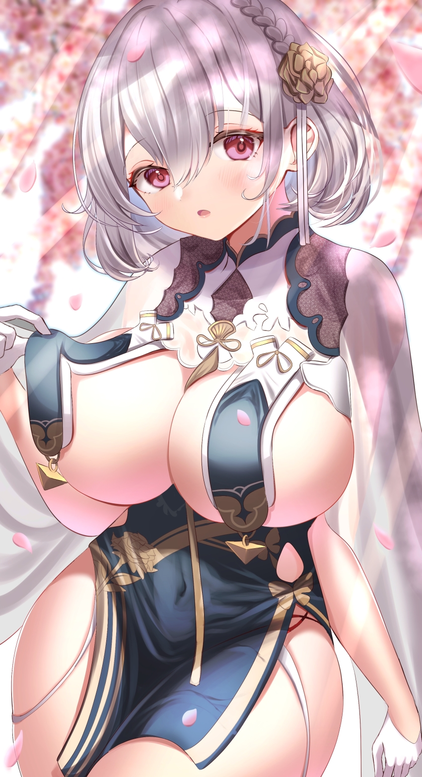 1girl, absurdres, azuma_(sospower73), azur_lane, braid, breast_curtains, breasts, cherry_blossoms