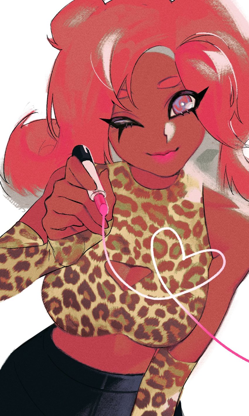 1girl, animal_print, breasts, cleavage, cosmetics, crop_top, dark-skinned_female, dark_skin, detached_sleeves, fuzzy_octoling, highres, leejijijii, leopard_print, lipstick, lipstick_tube, makeup, midriff, nintendo, octoling, octoling_girl, octoling_player_character, one_eye_closed, pants, sleeveless, smile, solo, splatoon_(series), splatoon_3, suction_cups, takozonesu, tentacle_hair, upper_body, white_background