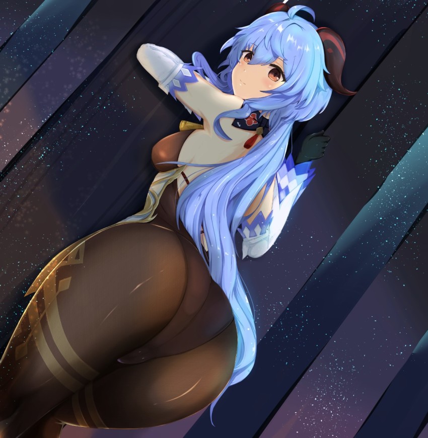 1girl, against_wall, ahoge, ass, back, backless_outfit, black_leotard, black_pantyhose