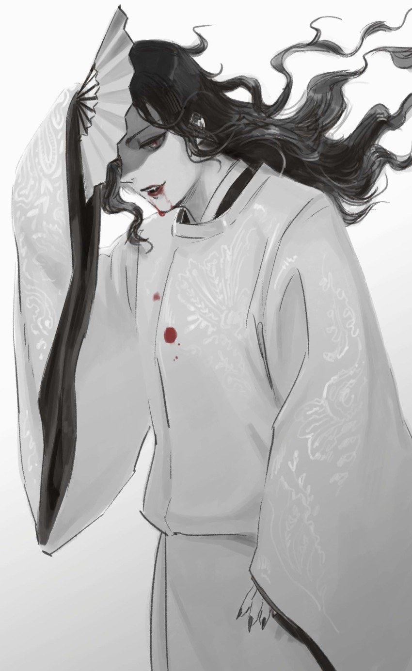 1boy, absurdres, arm_at_side, blood, blood_from_mouth, blood_on_clothes, cowboy_shot, egyuuu