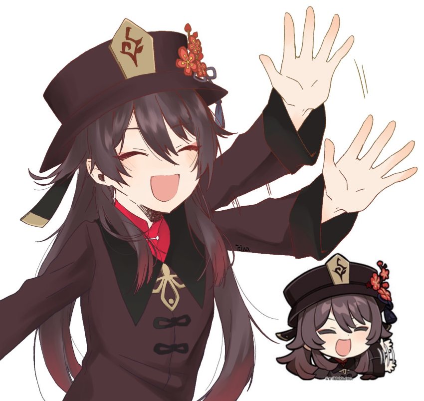 1girl, arm_up, blush, chinese_clothes, colored_tips, commentary_request, cropped_torso, eyeliner, flower, genshin_impact, hat, hoyolab_sticker_redraw, hu_tao_(genshin_impact), long_hair, long_sleeves, makeup, meme, multicolored_hair, official_art_inset, open_mouth, plum_blossoms, porkpie_hat, red_eyeliner, reference_inset, sidelocks, simple_background, solo, tassel, two_side_up, uki_101, waving, white_background