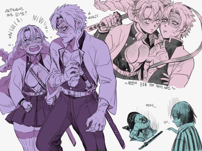 1girl, 2boys, abs, animal, apologizing, arm_around_another's_waist, asymmetrical_docking, bandaged_head