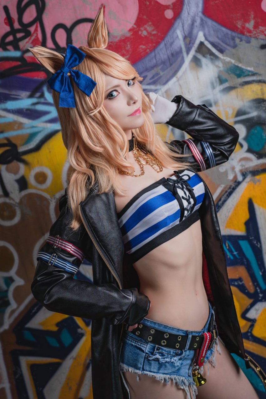 1girl, animal_ears, bandeau, belt, black_belt, black_choker, black_jacket, blonde_hair