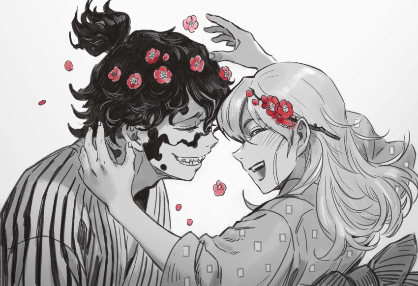 1boy, 1girl, ^_^, adam's_apple, branch, brother_and_sister, closed_eyes, daki_(kimetsu_no_yaiba), egyuuu, face-to-face, facial_mark, flower, from_side, grin, gyuutarou_(kimetsu_no_yaiba), hair_flower, hair_ornament, hands_up, happy, highres, kimetsu_no_yaiba, laughing, long_hair, long_sleeves, monochrome, obi, open_mouth, profile, red_flower, sash, sharp_teeth, siblings, simple_background, smile, spot_color, teeth, topknot, upper_body, aged_down