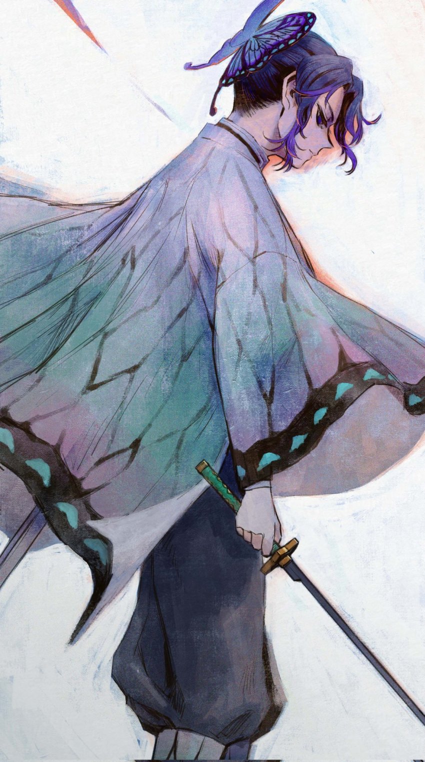 1girl, black_hair, blood, butterfly_hair_ornament, demon_slayer_uniform, egyuuu, feet_out_of_frame, from_side