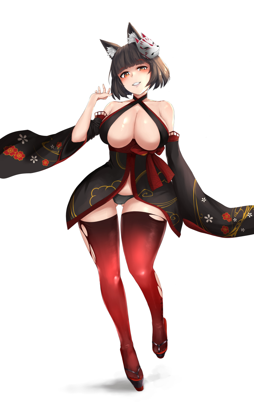 1girl, absurdres, animal_ear_fluff, animal_ears, azur_lane, bare_shoulders, black_dress, black_hair, black_panties, breasts, cat_ears, cat_mask, center_opening, detached_sleeves, dress, evil_grin, evil_smile, floral_print, full_body, gradient_legwear, grin, highres, large_breasts, looking_at_viewer, mask, mask_on_head, mature_female, ojisan_f, panties, platform_footwear, red_thighhighs, shiny_skin, short_dress, short_hair, simple_background, smile, solo, thighhighs, torn_clothes, torn_thighhighs, underwear, very_long_sleeves, white_background, yamashiro_(azur_lane), yamashiro_(meta)_(azur_lane)