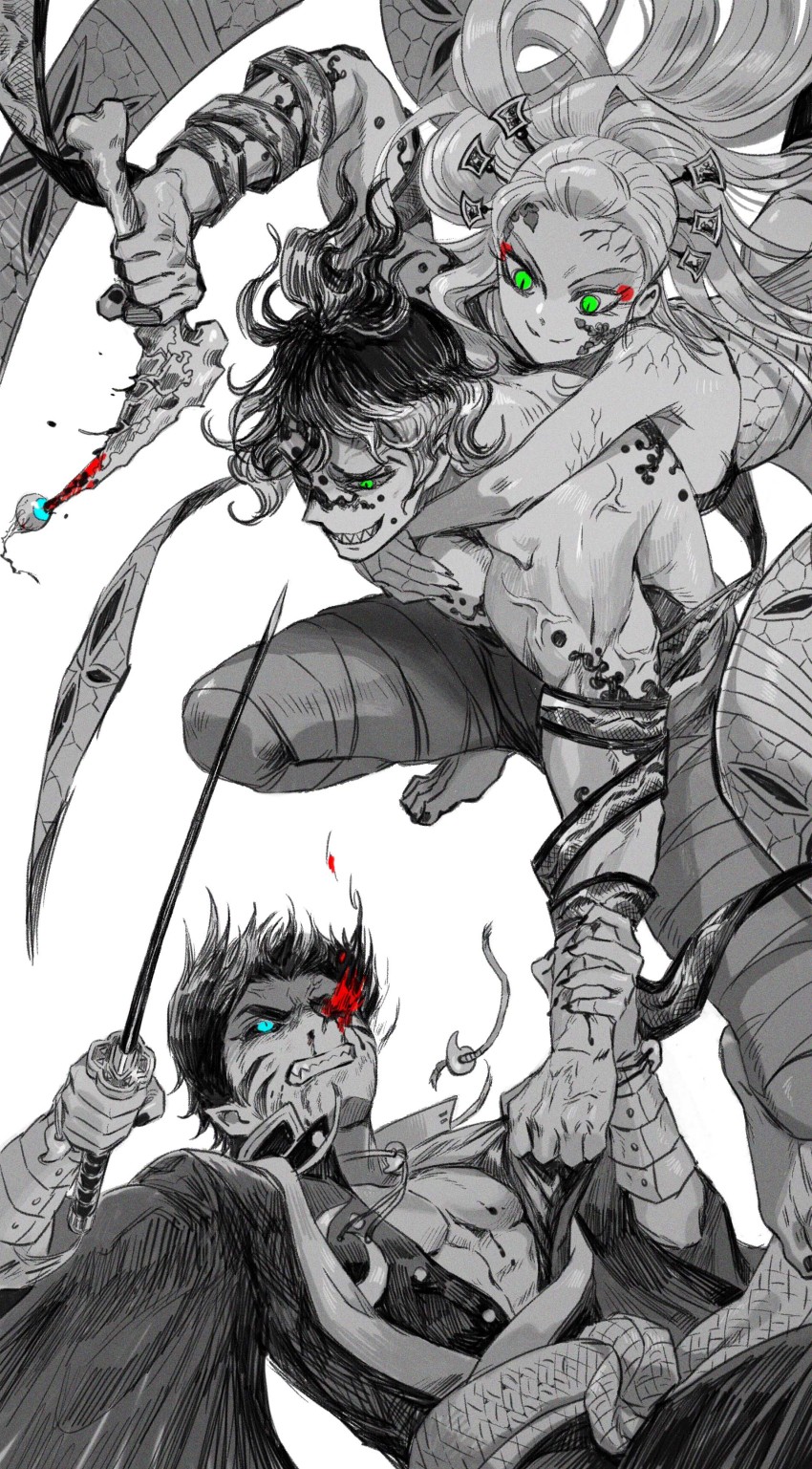 1girl, 2boys, absurdres, aqua_eyes, arm_around_shoulder, arm_grab, arm_guards, arm_up