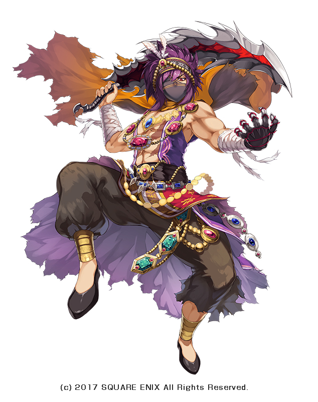 1boy, bandages, blade, copyright_notice, gloves, grimms_notes, jewelry, male_focus, mouth_veil, necklace, official_art, purple_hair, red_eyes, scarf, simple_background, single_glove, solo, takanori_yamada, thieves'_leader_kodjia_(grimms_notes), veil, weapon, white_background