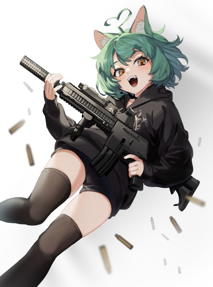1girl, ahoge, animal_ears, assault_rifle, black_choker, black_hoodie, black_legwear, black_shorts, bullet, cat_ears, choker, fang, girl_dm, girl_dm_(old_design), green_hair, gun, heart, heart_ahoge, highres, holding, holding_gun, holding_weapon, hood, hoodie, indie_virtual_youtuber, long_sleeves, morimori_chikka, open_mouth, rifle, short_hair, short_shorts, shorts, virtual_youtuber, weapon, yellow_eyes
