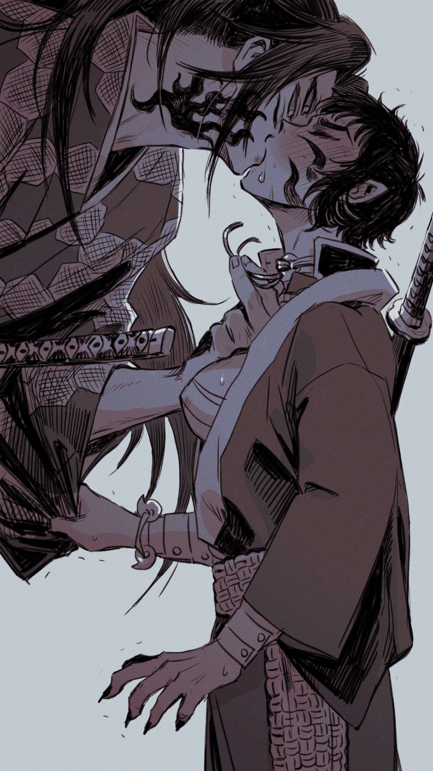 1boy, 1girl, absurdres, blush, breasts, chest_sarashi, choker, closed_eyes