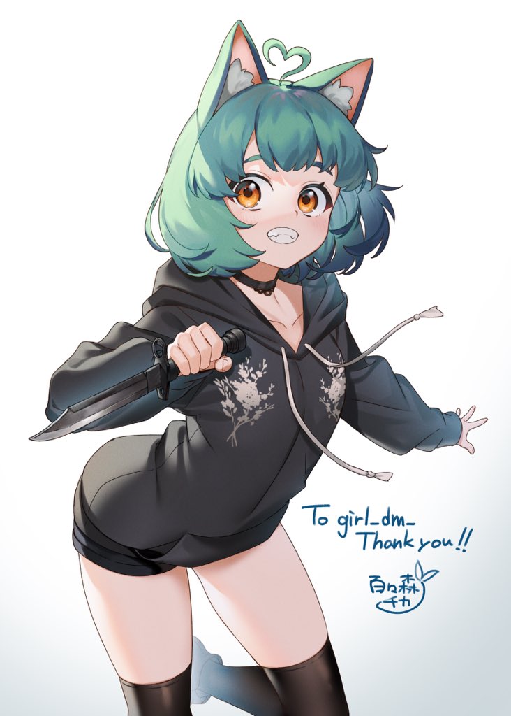 1girl, ahoge, animal_ears, black_choker, black_hoodie, black_shorts, black_thighhighs, cat_ears, cat_girl, choker, flat_chest, girl_dm, girl_dm_(old_design), green_hair, grin, heart, heart_ahoge, holding, holding_knife, hood, hoodie, indie_virtual_youtuber, knife, long_sleeves, looking_at_viewer, morimori_chikka, short_hair, short_shorts, shorts, smile, thighhighs, virtual_youtuber, yellow_eyes