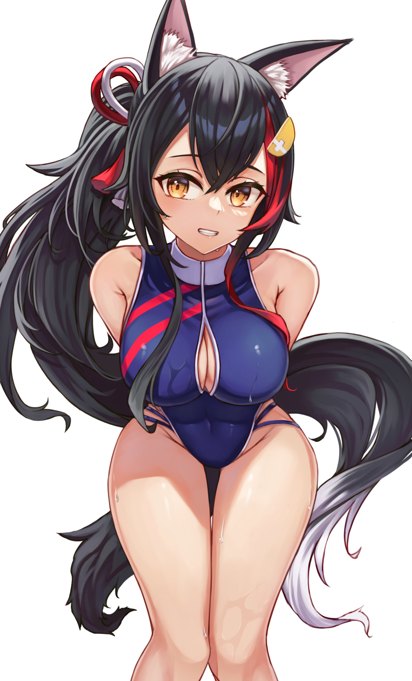 1girl, absurdres, ahaha_kun, animal_ear_fluff, animal_ears, arms_behind_back, bare_shoulders, bent_over