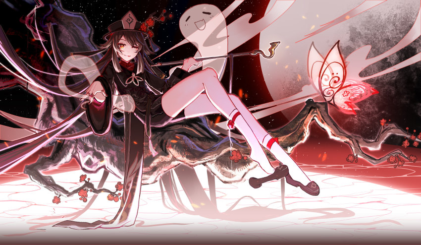 1girl, absurdres, avatra, black_nails, brown_hair, chinese_clothes, coat, flower, genshin_impact, ghost, hat, hat_flower, highres, hu_tao_(genshin_impact), jewelry, legs, long_hair, looking_at_viewer, moon, nail_polish, one_eye_closed, porkpie_hat, red_eyes, ring, scenery, socks, star-shaped_pupils, star_(symbol), symbol-shaped_pupils, tassel, tongue, tongue_out, twintails
