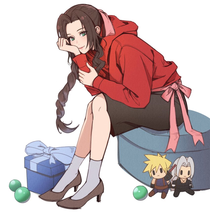 1girl, aerith_gainsborough, alternate_costume, black_skirt, bow, box, braid, braided_ponytail