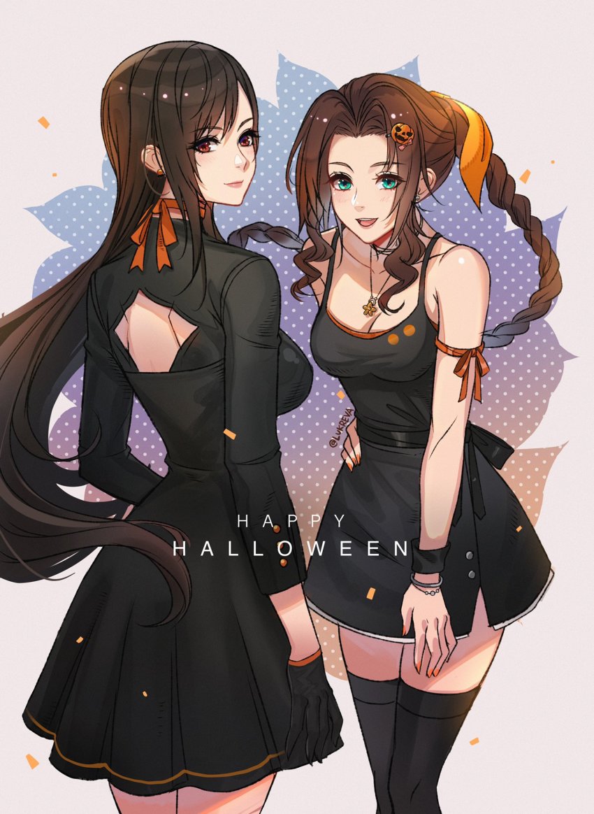 2girls, aerith_gainsborough, alternate_costume, arm_ribbon, asymmetrical_bangs, back_cutout, bare_shoulders, black_dress, black_thighhighs, blush, bracelet, braid, braided_ponytail, breasts, choker, cleavage, clothing_cutout, dress, earrings, english_text, final_fantasy, final_fantasy_vii, final_fantasy_vii_remake, food-themed_hair_ornament, gloves, green_eyes, hair_between_eyes, hair_ornament, hair_ribbon, halloween, hand_on_own_hip, happy_halloween, highres, jewelry, large_breasts, long_hair, long_sleeves, lukrevadraws, medium_breasts, multiple_girls, necklace, open_mouth, parted_bangs, pumpkin_hair_ornament, red_eyes, ribbon, short_dress, sidelocks, sleeveless, sleeveless_dress, smile, straight_hair, teeth, thighhighs, tifa_lockhart, upper_body, upper_teeth_only, wavy_hair